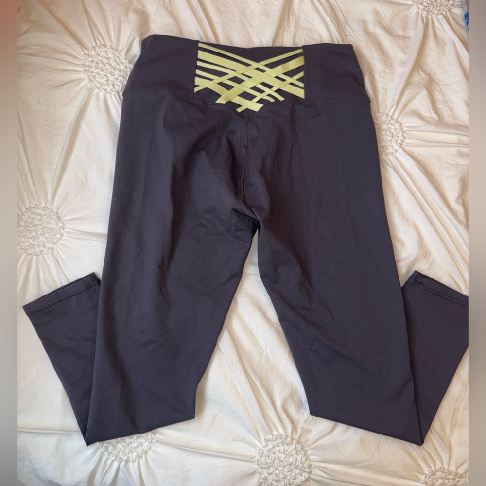 Fabletics Charcoal Leggings with Yellow Lattice Back Detail